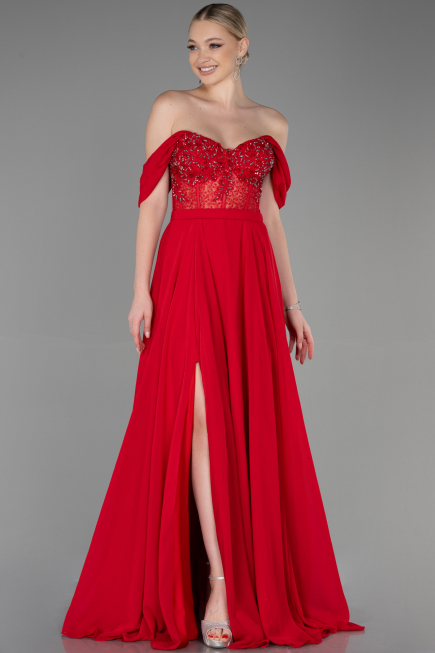 Robe de Soirée Longue Mousseline Rouge ABU3310