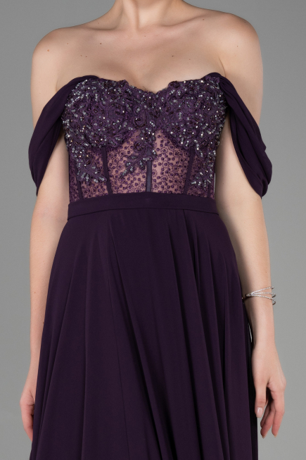 Robe de Soirée Longue Mousseline Violet Foncé ABU3310