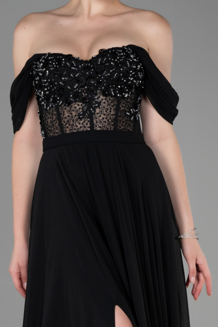 Robe de Soirée Longue Mousseline Noir ABU3310