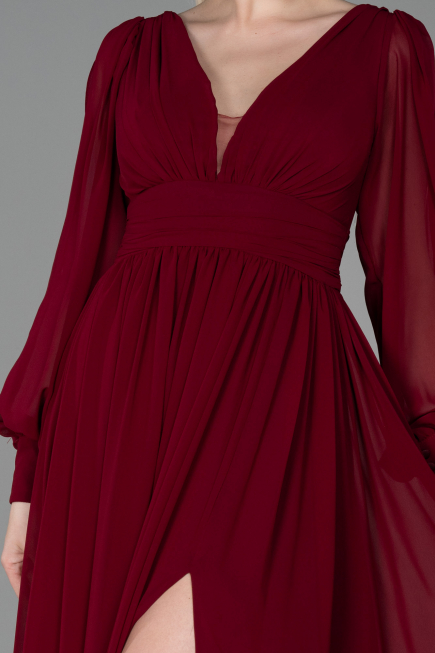 Robe De Soirée Mousseline Longue Rouge Bordeaux ABU1702