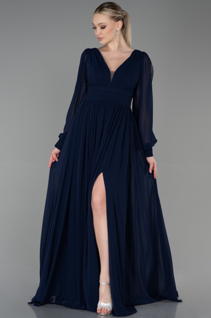 Robe De Soirée Mousseline Longue Bleu Marine ABU1702
