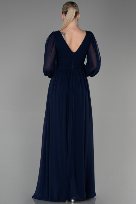 Robe De Soirée Mousseline Longue Bleu Marine ABU1702