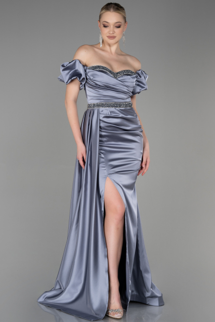 Robe de Soirée Longue Satin Gris ABU3331