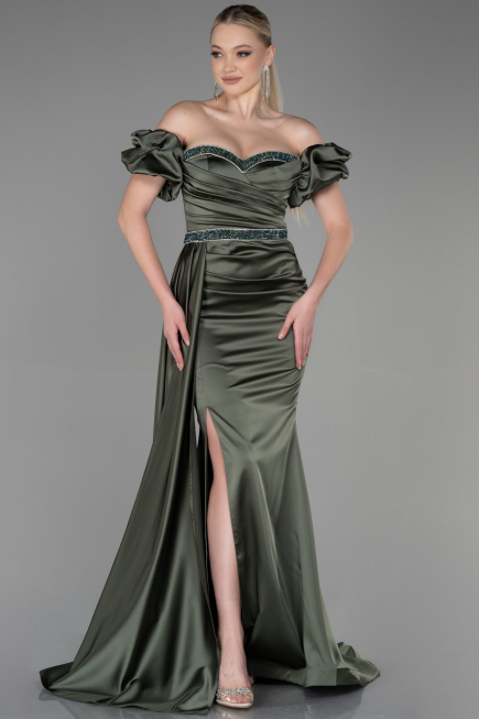 Robe de Soirée Longue Satin Kaki ABU3331