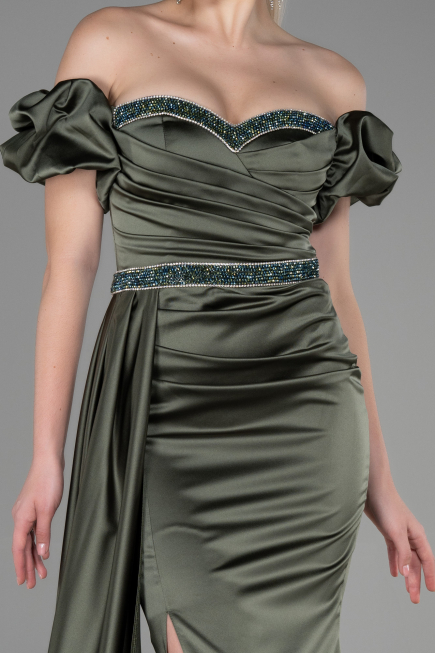 Robe de Soirée Longue Satin Kaki ABU3331