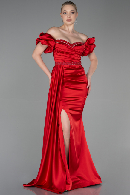 Robe de Soirée Longue Satin Rouge ABU3331