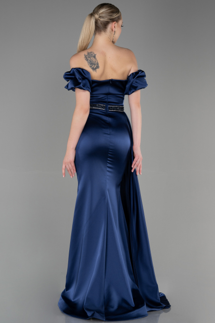 Robe de Soirée Longue Satin Bleu Marine ABU3331
