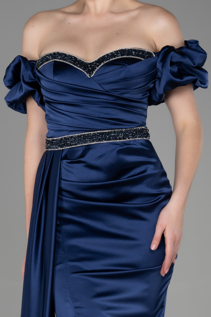 Robe de Soirée Longue Satin Bleu Marine ABU3331