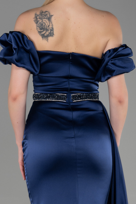 Robe de Soirée Longue Satin Bleu Marine ABU3331