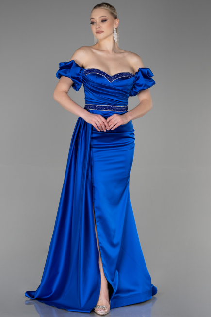 Robe de Soirée Longue Satin Bleu Saxe ABU3331