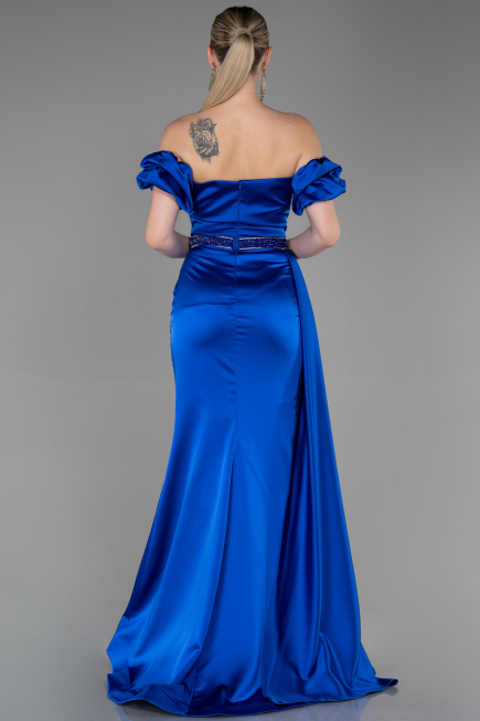 Robe de Soirée Longue Satin Bleu Saxe ABU3331