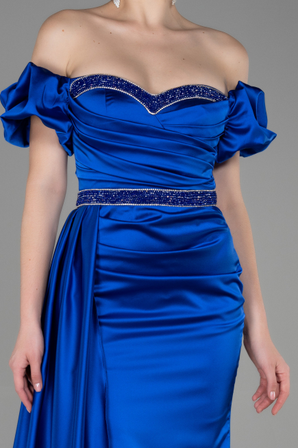 Robe de Soirée Longue Satin Bleu Saxe ABU3331