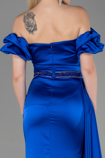 Robe de Soirée Longue Satin Bleu Saxe ABU3331