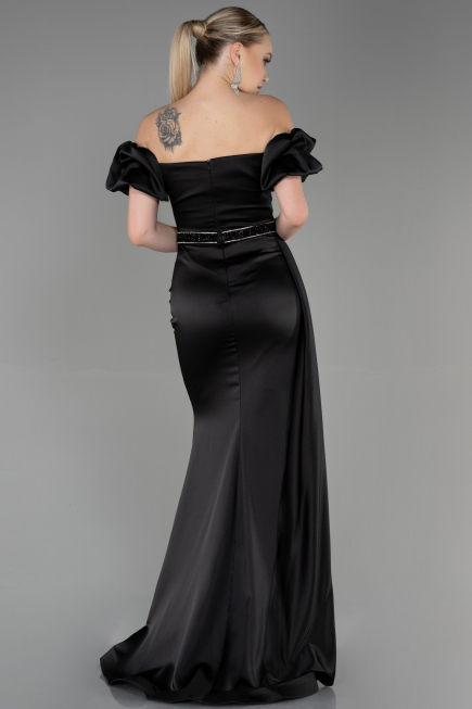 Robe de Soirée Longue Satin Noir ABU3331
