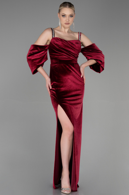 Robe de Soirée Longue Velours Rouge Bordeaux ABU3335
