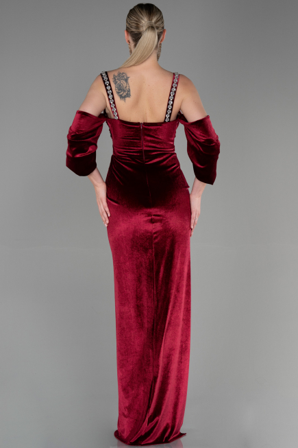 Robe de Soirée Longue Velours Rouge Bordeaux ABU3335