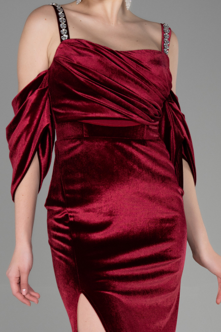 Robe de Soirée Longue Velours Rouge Bordeaux ABU3335