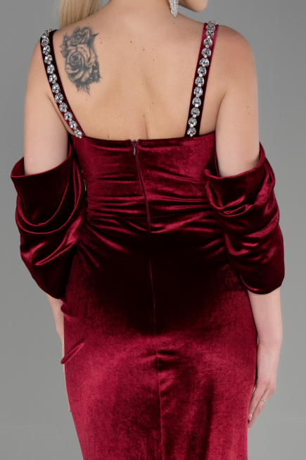 Robe de Soirée Longue Velours Rouge Bordeaux ABU3335