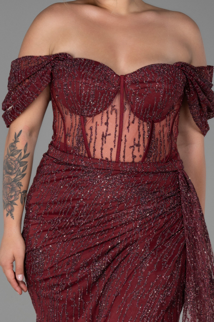 Robe de Soirée Grande Taille Longue Rouge Bordeaux ABU3097