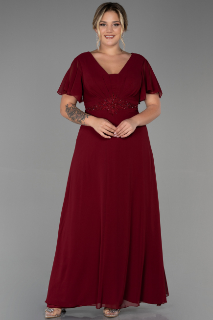 Robe De Soirée Grande Taille Mousseline Longue Rouge Bordeaux ABU2308