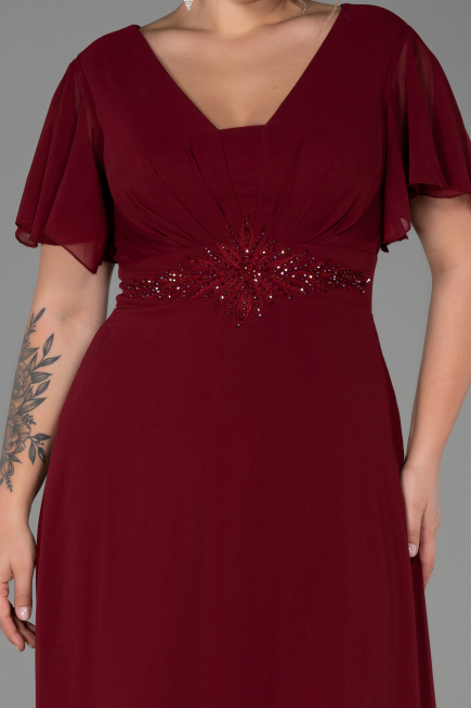 Robe De Soirée Grande Taille Mousseline Longue Rouge Bordeaux ABU2308