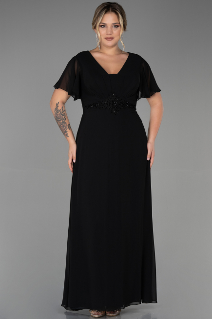 Robe de Soirée Grande Taille Longue Mousseline Noir ABU2308