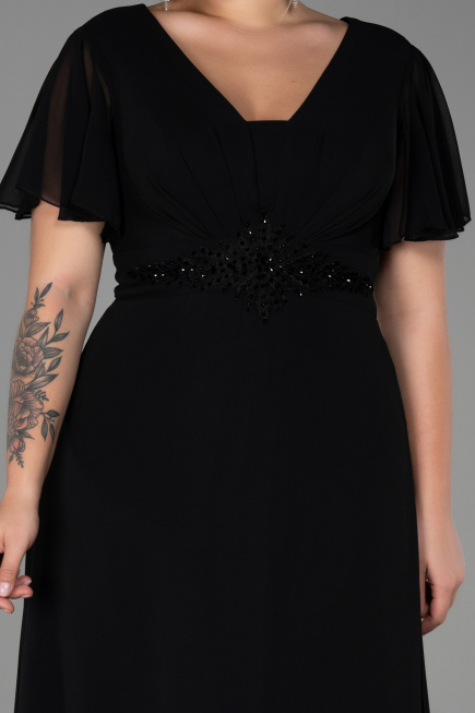 Robe de Soirée Grande Taille Longue Mousseline Noir ABU2308