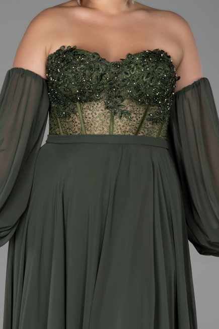 Robe de Soirée Grande Taille Longue Mousseline Kaki ABU1802