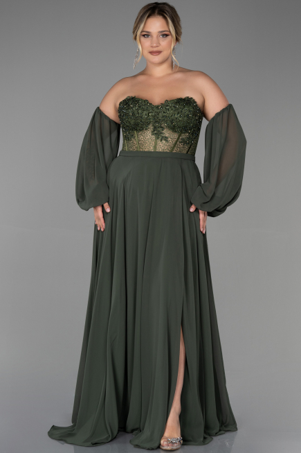 Robe de Soirée Grande Taille Longue Mousseline Kaki ABU1802