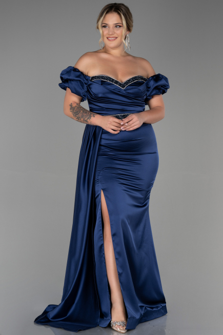 Robe de Soirée Grande Taille Longue Satin Bleu Marine ABU3332