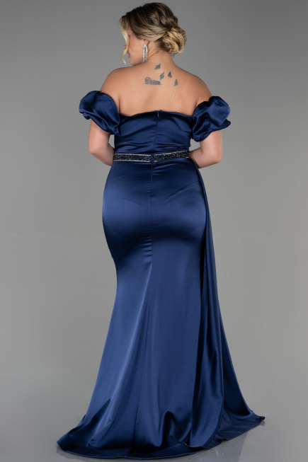 Robe de Soirée Grande Taille Longue Satin Bleu Marine ABU3332