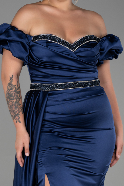 Robe de Soirée Grande Taille Longue Satin Bleu Marine ABU3332