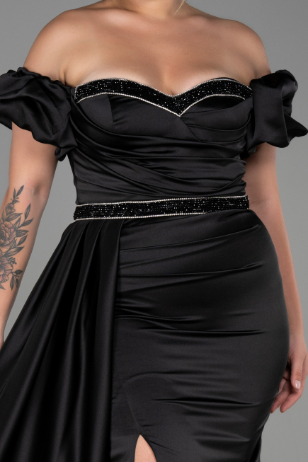 Robe de Soirée Grande Taille Longue Satin Noir ABU3332