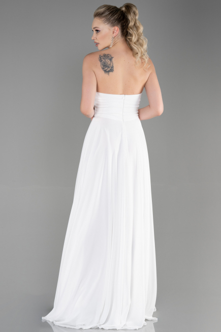 Robe de Soirée Longue Mousseline Blanc ABU3343