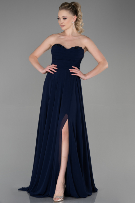 Robe de Soirée Longue Mousseline Bleu Marine ABU3343