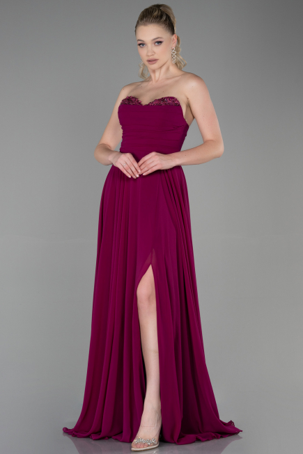 Robe de Soirée Longue Mousseline Prune ABU3343