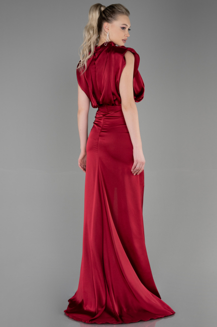 Robe De Soirée Satin Longue Rouge Bordeaux ABU2133