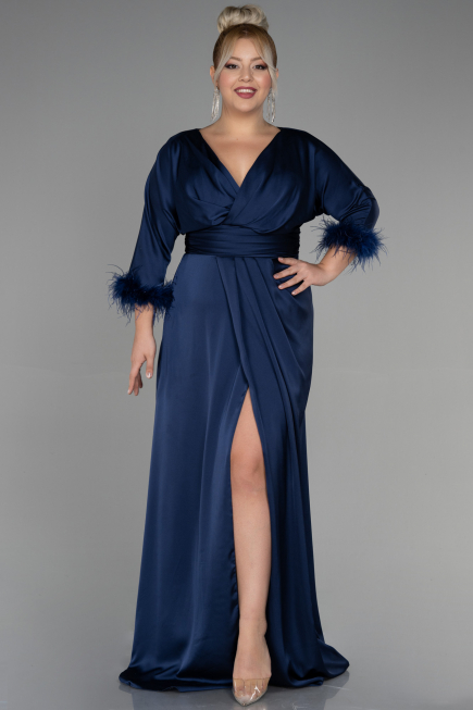 Robe de Soirée Grande Taille Longue Satin Bleu Marine ABU3367