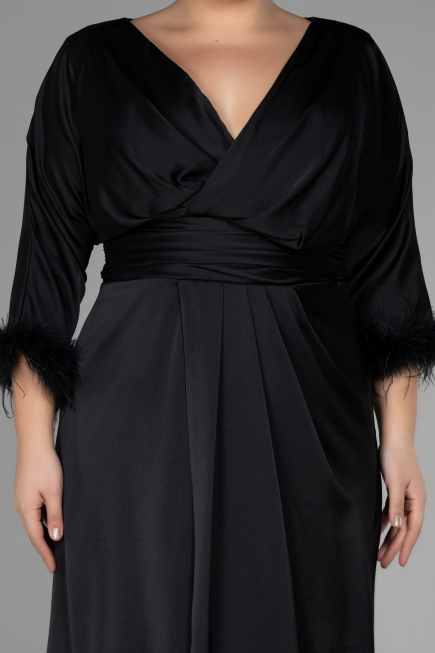 Robe de Soirée Grande Taille Longue Satin Noir ABU3367