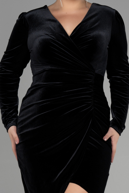 Robe de Soirée Grande Taille Longue Velours Midi Velours Noir ABK1875