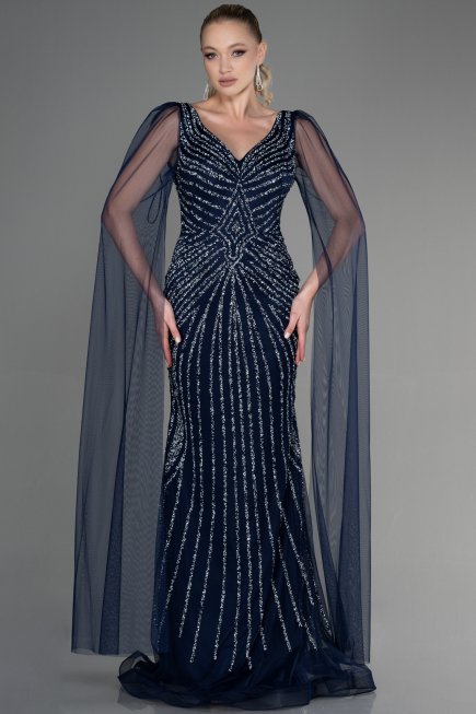 Robe de Fiançailles Design Personnalisé Longue Bleu Marine ABU3357