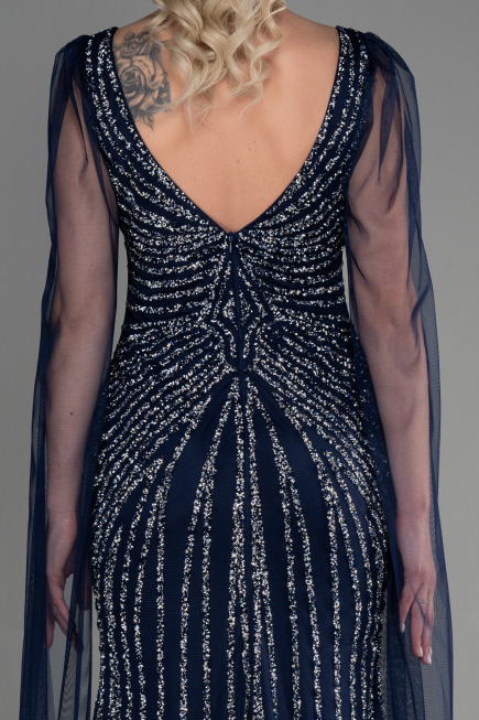 Robe de Fiançailles Design Personnalisé Longue Bleu Marine ABU3357