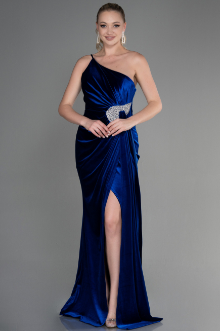 Robe de Soirée Longue Velours Bleu Saxe ABU2626