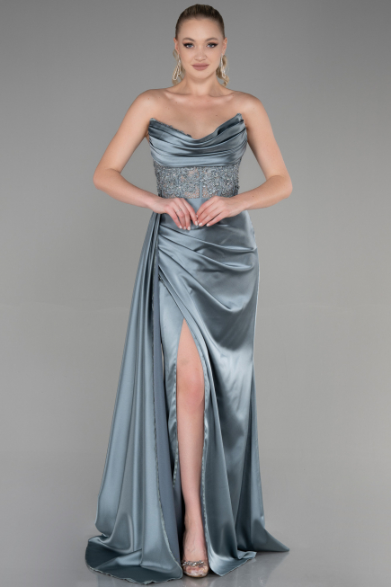 Robe De Soirée Satin Longue Turquoise ABU3376