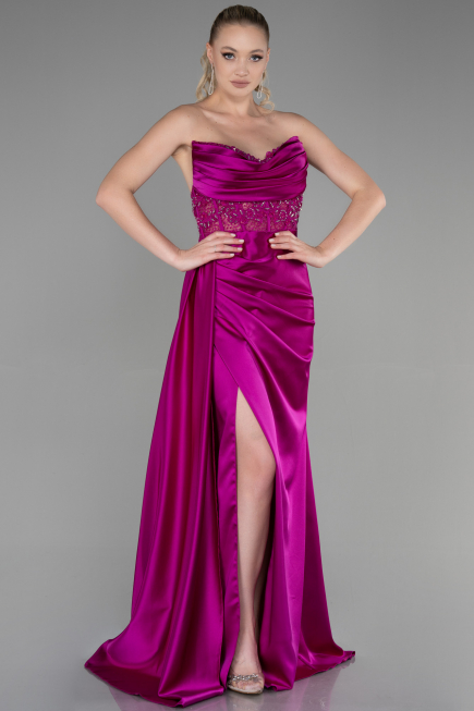 Robe De Soirée Satin Longue Fushia ABU3376