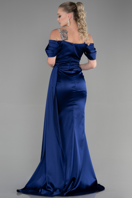 Robe de Soirée Longue Satin Bleu Marine ABU3398