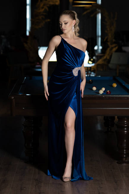 Robe de Soirée Longue Velours Bleu Saxe ABU2626