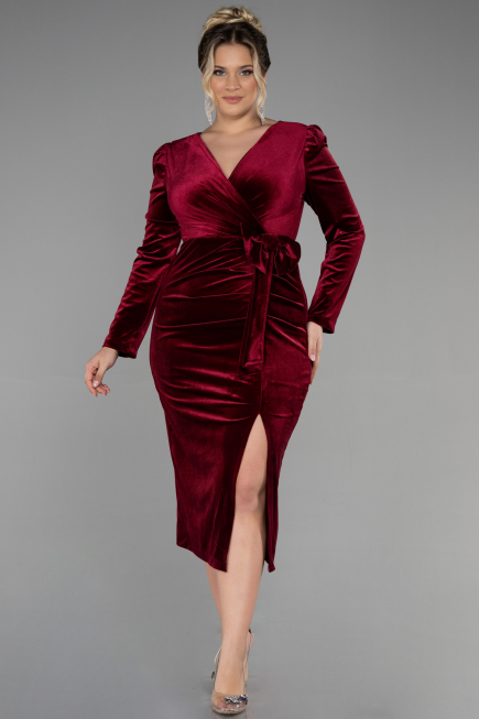 Robe de Cérémonie Midi Velours Rouge Bordeaux ABK1896