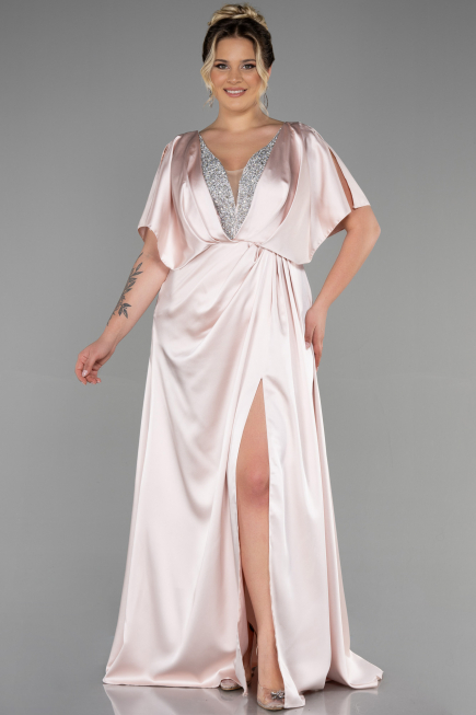 Robe De Fiançailles Grande Taille Longue Satin Beige ABU3442