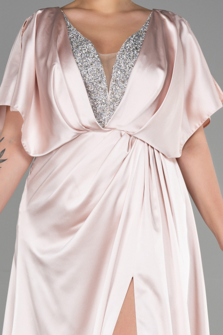 Robe De Fiançailles Grande Taille Longue Satin Beige ABU3442
